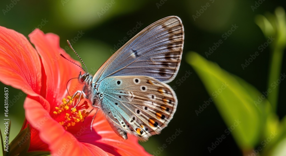Obraz premium Delicate beauty common blue butterfly on bright red hibiscus flower nectar consumption