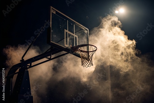 Basketball hoop with dramatic dust cloud at night basketball net