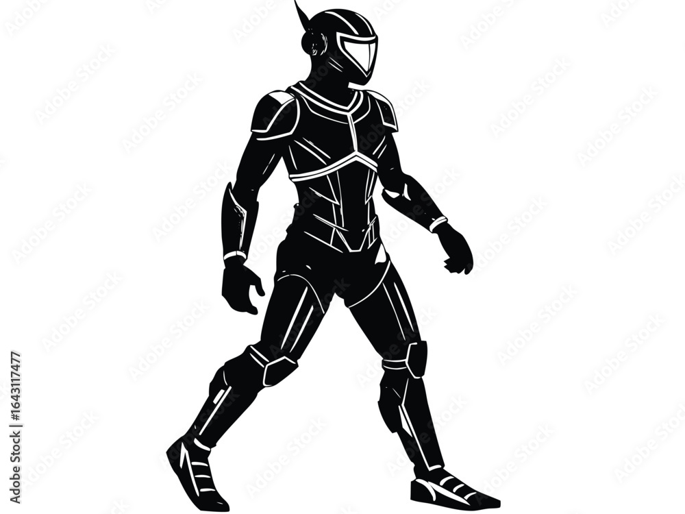 A full body side profile illustration of a sleek futuristic warrior black white A full body side profile illustration of a sleek futuristic warrior black white