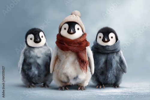 Christmas penguin characters in winter attire celebrating the holiday season, showcasing adorable fashion accessories in a festive atmosphere