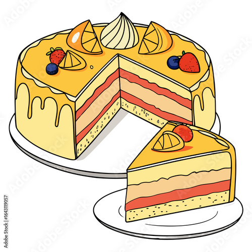 Shiny Mango Mousse Cake Slice Vector. Perfect for: tropical dessert menus, bakery ads, summer food blogs