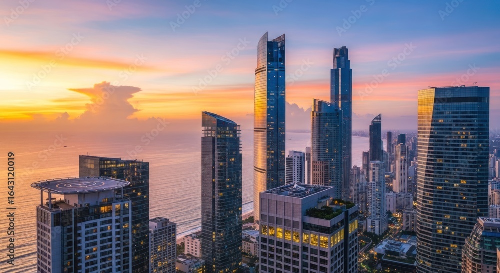 Naklejka premium Panoramic vista of a coastal metropolis aglow with the vibrant hues of sunrise enhancing