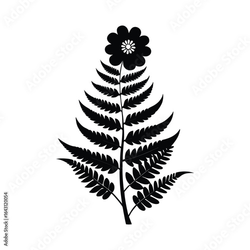 Stylized black silhouette of a fern frond with a delicate flower at its apex