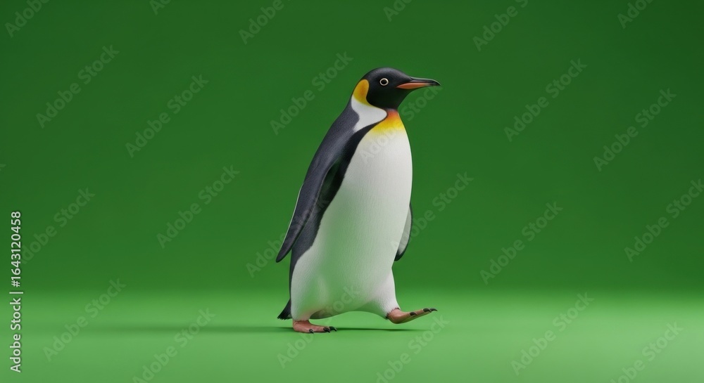 Naklejka premium Single emperor penguin gracefully walking on a vibrant green backdrop in a studio setting