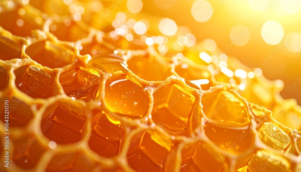 Golden Honeycomb Close-up: A macro shot illuminates the mesmerizing architecture of a natural honeycomb, filled with glistening, golden honey. Golden Honeycomb Close-up: A macro shot illuminates the mesmerizing architecture of a natural honeycomb, filled with glistening, golden honey.
