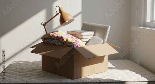 Moving box with books, lamp, and pillows on a mattress in a sunlit empty room. Concept for college move-in day, first apartment, starting over, or unpacking. New beginnings with natural light