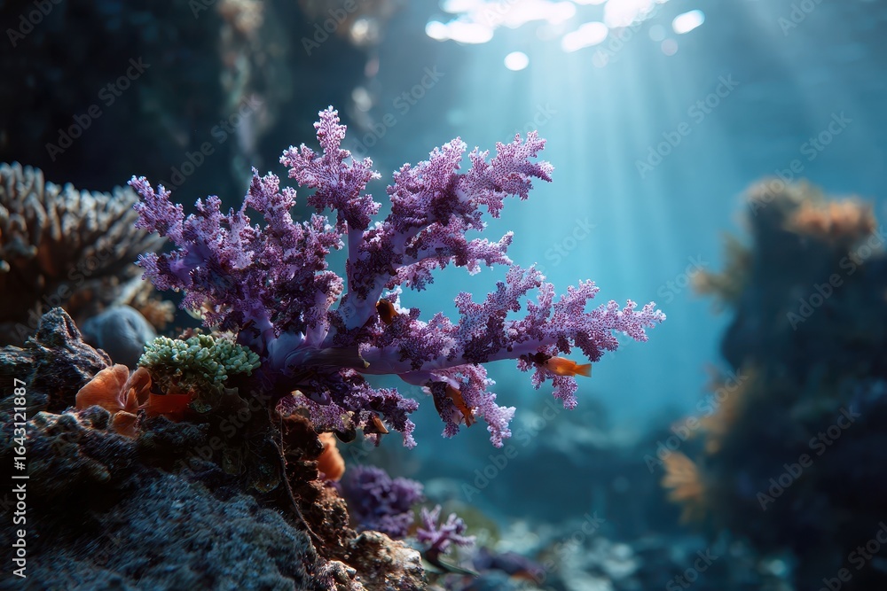 Fototapeta premium Bright coral reef with vibrant purple corals and sunbeams filtering through clear water in an underwater landscape