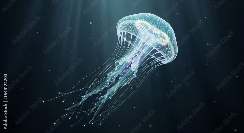 Fototapeta premium Bioluminescent Jellyfish Floating Gracefully in Deep Ocean Waters.