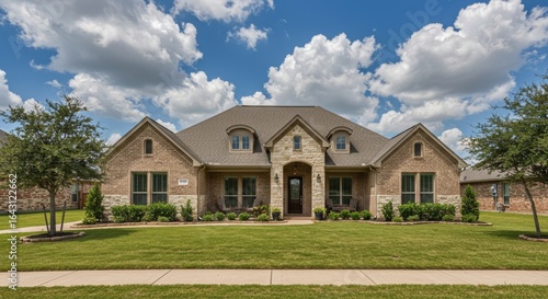 Traditional Texas Brick and Stone Home with Arched Entryway and Dormer Windows