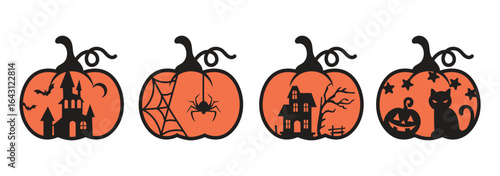 Halloween pumpkin, horor houses, vector