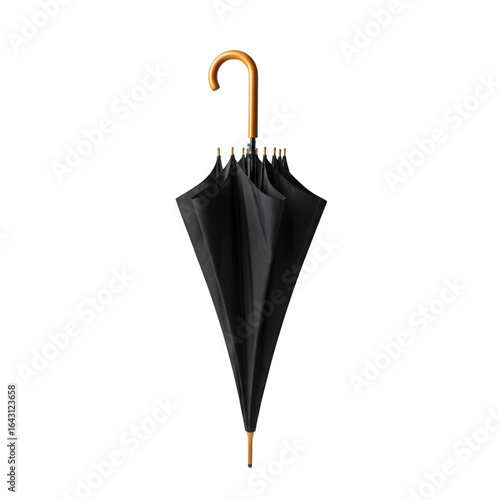 A closed black umbrella with a wooden hook handle, isolated on transparent background, ready for protection against the rain