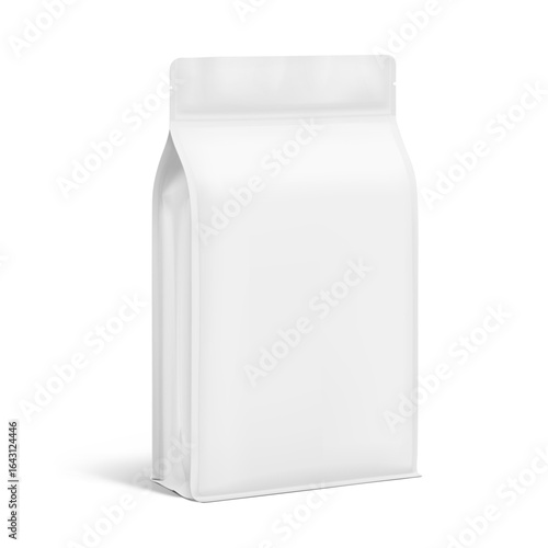 Vertical flat bottom gusset bag mockup for food, sport nutrition. Half side view. Vector illustration isolated on white background. Can be use for template your design. EPS10.