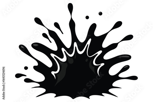 A dynamic black splash spreads widely, showing sharp liquid edges on a white background