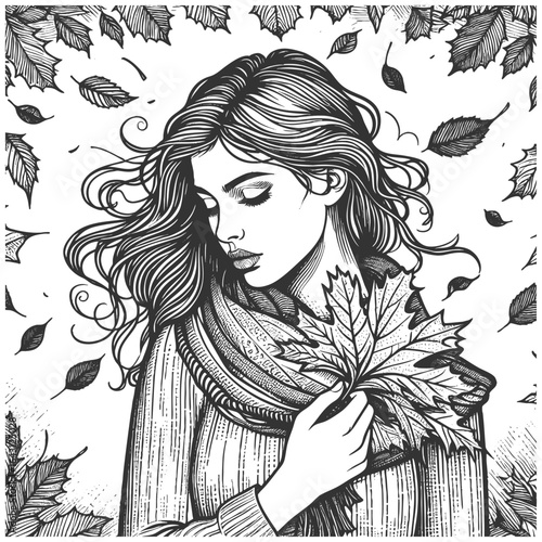 serene woman with flowing hair and leaves, evoking nature, fantasy, and seasonal transformation sketch engraving generative ai fictional character vector illustration. Scratch board. Black and white.