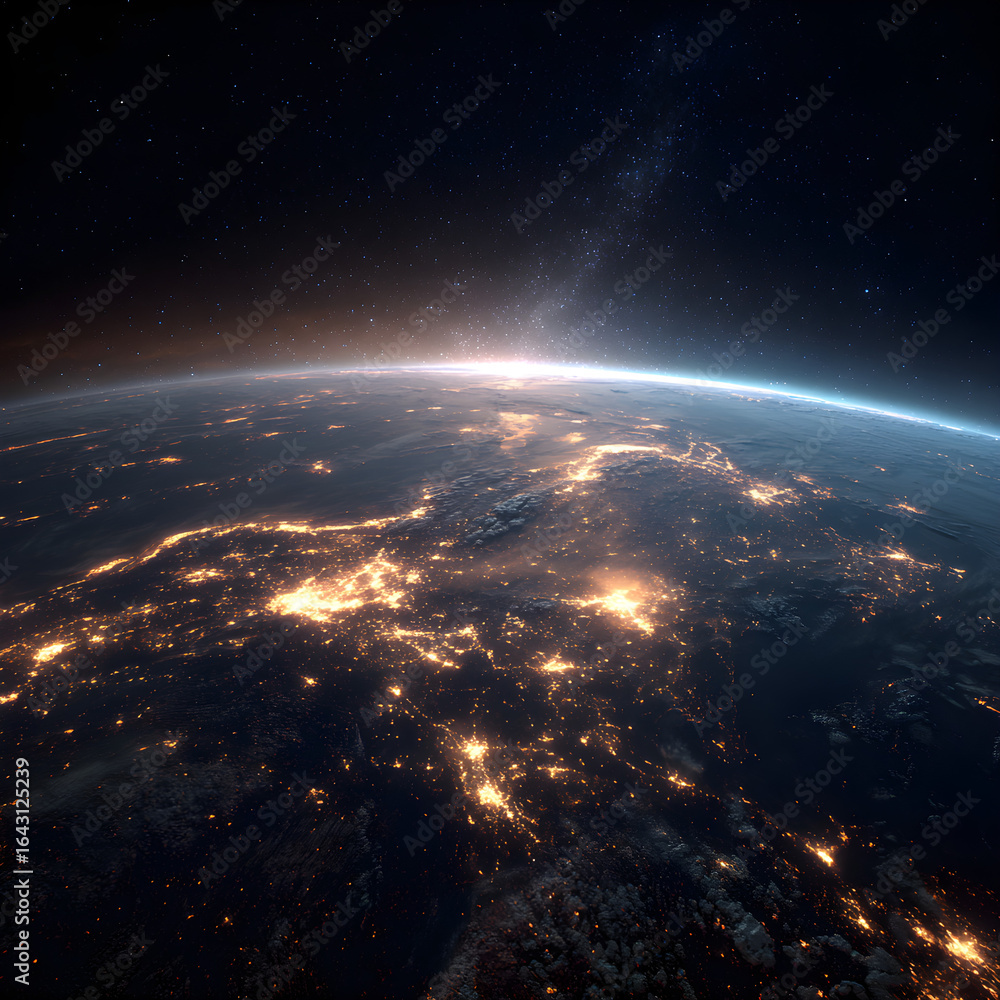 Obraz premium Sleek Illuminated Showing Lights Night City photo Earth Space high-quality View From stock of with decorative props, in professional studio