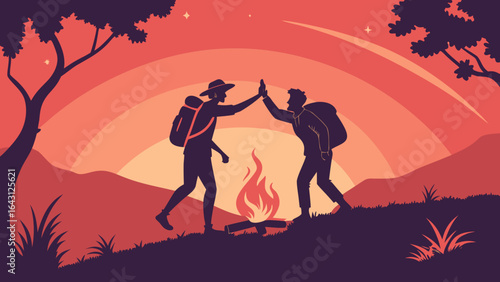 Two hikers, silhouetted against a vibrant sunset, celebrate by a campfire in the wilderness.