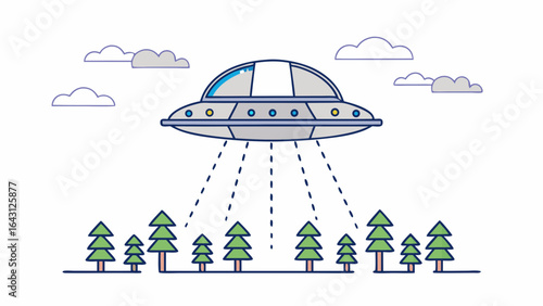 A colorful illustration of a UFO hovering above a forest, beams of light shining down, creating a whimsical atmosphere.