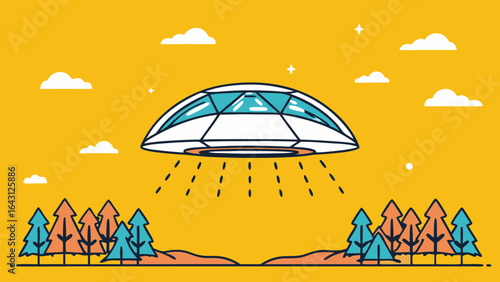 A vibrant illustration of a futuristic UFO hovering above colorful trees against a bright yellow sky.