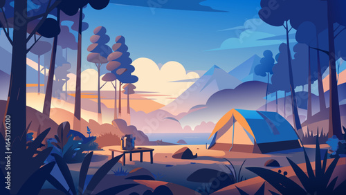 A serene camping scene at dawn featuring a blue tent and a peaceful lakeside setting.