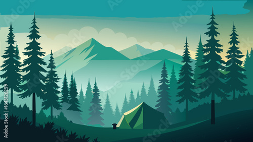 A serene camping scene in a green forest with majestic mountains in the background.