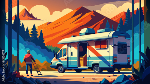 A man in a red jacket stands beside his RV, surrounded by vibrant mountains and pine trees during sunset.