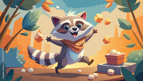 Playful raccoon character joyfully gathering treasures in a vibrant forest setting.