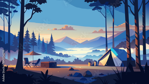 A serene camping scene featuring a tent and chairs under vibrant twilight skies among pine trees.