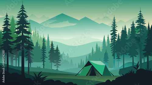 A serene green landscape featuring a camping tent amidst tall pine trees and misty mountains.
