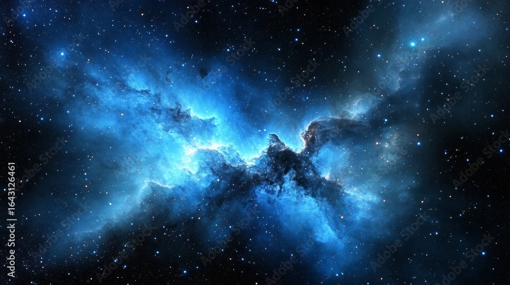 Fototapeta premium Vast Nebula in Outer Space Showcasing Vibrant Blue and Black Colors with Gaseous Clouds and Stars
