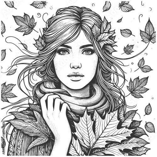 serene woman with flowing hair and leaves, evoking nature, fantasy, and seasonal transformation sketch engraving generative ai fictional character vector illustration. Scratch board. Black and white.