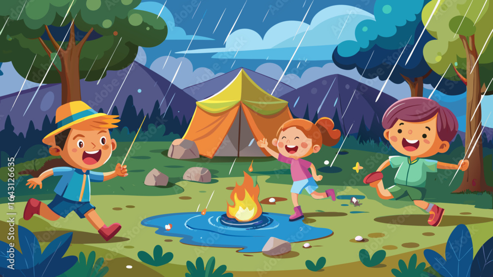 Fototapeta premium Three children joyfully playing in the rain near a campfire, surrounded by trees and mountains.