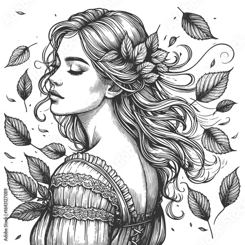 serene woman with flowing hair and leaves, evoking nature, fantasy, and seasonal transformation sketch engraving generative ai fictional character vector illustration. Scratch board. Black and white.