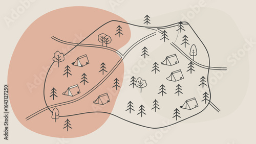 An artistic illustration of a camping area featuring tents and trees, showcasing a serene natural landscape.