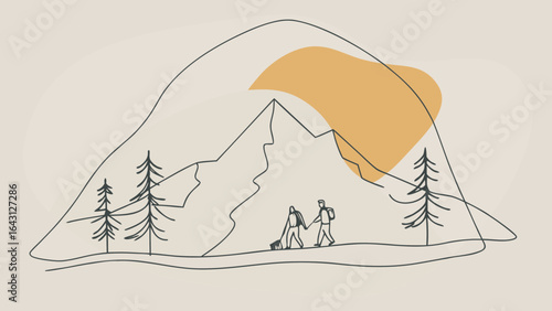 A serene illustration of two hikers trekking through a mountainous landscape, surrounded by tall trees and a soft golden glow.