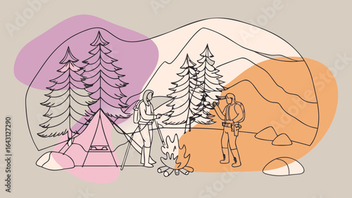 Two campers enjoying a fire amidst a stylized forest and mountain backdrop, perfect for outdoor adventure themes.