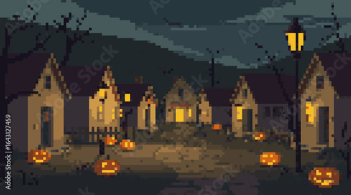 Spooky Halloween Night in a Pixelated Village