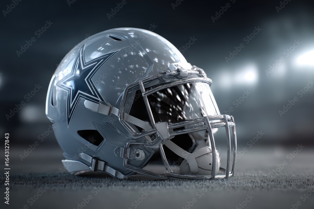 Fototapeta premium Football helmet featuring a star design sitting on a field, showcasing the spirit of competitive sports and team pride under stadium lights during a nighttime event