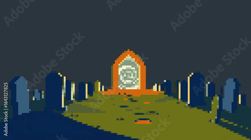 Mysterious Portal Amidst Graveyard in Pixel Art