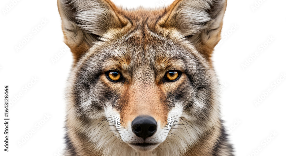Fototapeta premium Closeup portrait of a coyotes face with alert eyes, isolated on transparent background