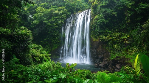 Lush tropical waterfall cascading down a rocky cliff face.