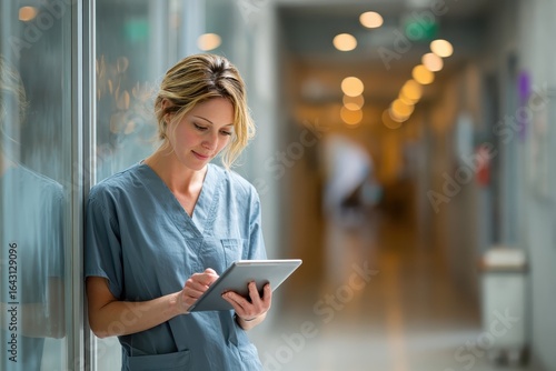 Female doctor checks patient information on a tablet while standing in a hospital corridor during a busy shift