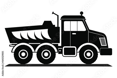Black silhouette shows heavy dump truck with big wheels on a white backdrop
