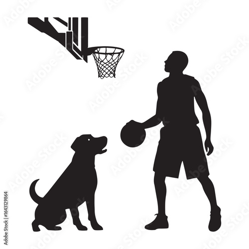 Vector silhouette of a man with a basketball on a white background.