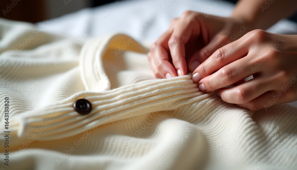 Obraz premium Closeup of hands buttoning a cozy white knitted cardigan sweater with textured ribbing and copy space for winter fashion ideas