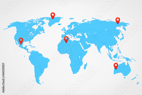 World map with 3d pins. 3d vector illustration