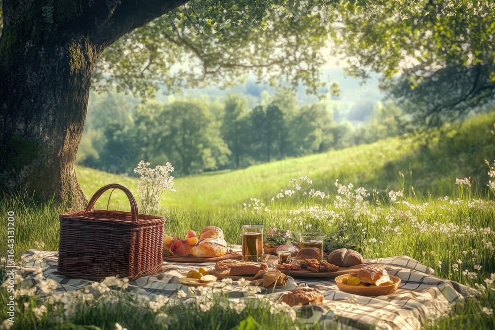 Enjoying a sunny afternoon picnic under a large tree in a lush green meadow Enjoying a sunny afternoon picnic under a large tree in a lush green meadow