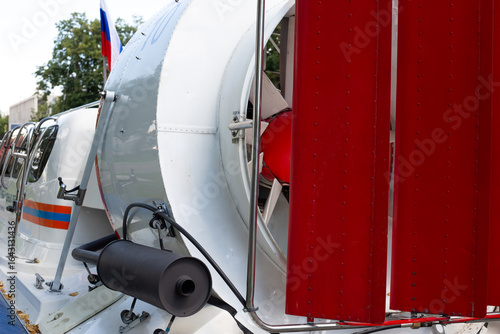 Принти на полотні The rear part of the hovercraft rescue boat with large propeller screw for gaining speed and guides for turning