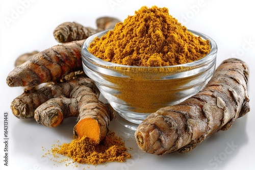 Turmeric powder and root, close-up (1)