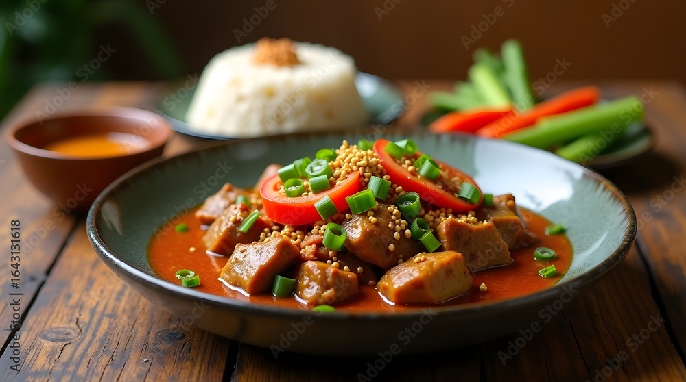 Close-up captures a savory Indonesian dish, featuring textured cubes in a rich sauce, garnished