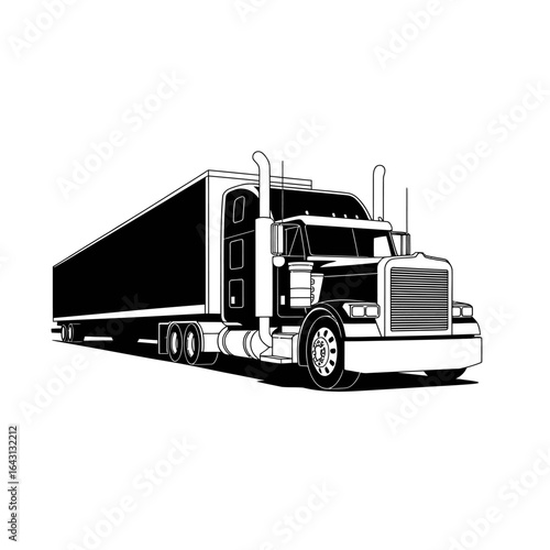 Black and White Illustration of a Semi Truck Transporting Goods Across the Country on the Interstate Highway System for Logistics